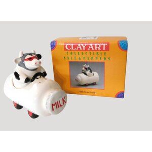 Clay Art Cow Racer Milk Can Salt Pepper Shakers Collectible 1994 Vintage Ceramic